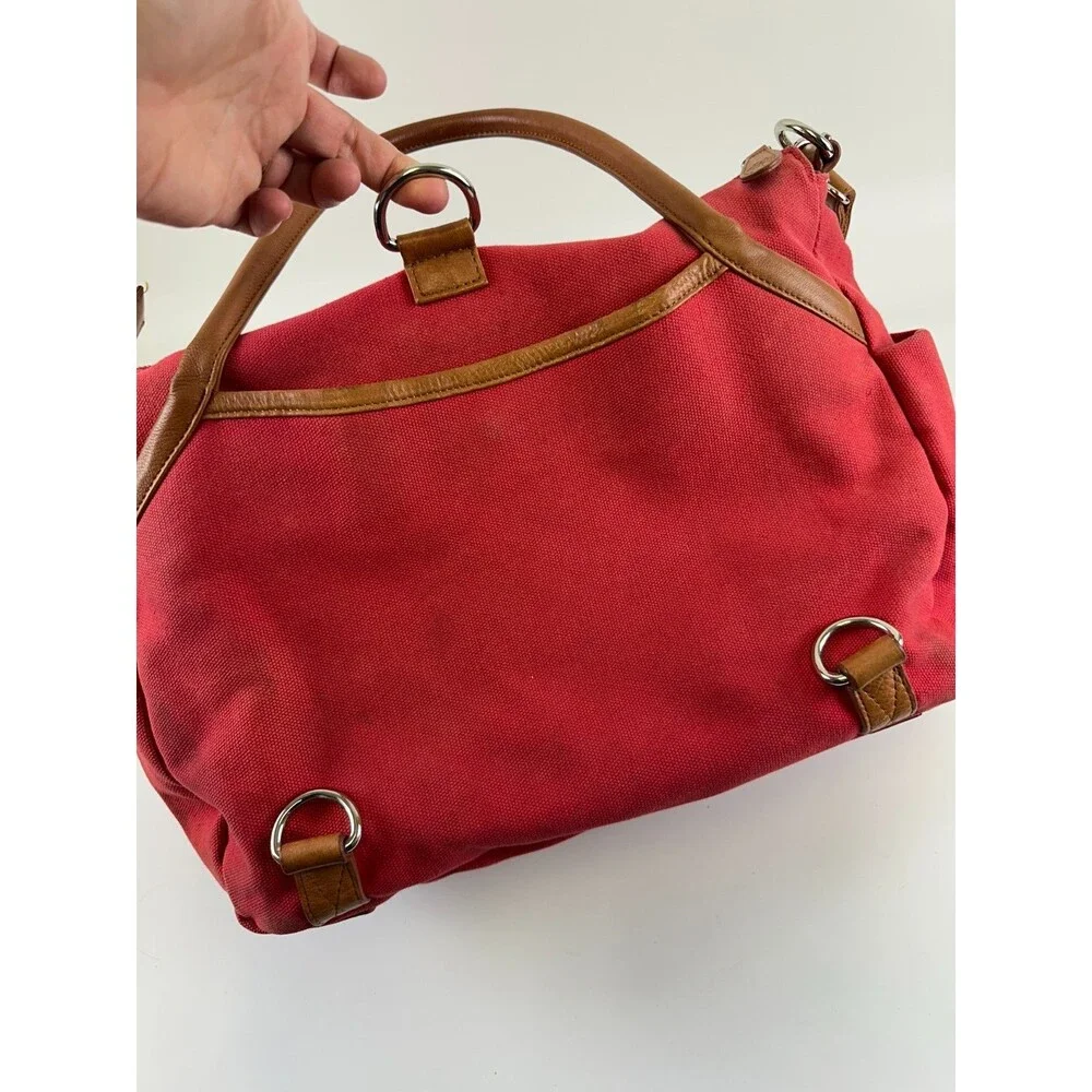 Lily Jade Elizabeth Diaper Bag Red Canvas Brown Leather Convertible Insert Large